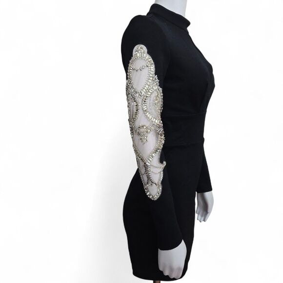 Bebe Vtg Y2K Black Mini Dress S Plunge Neck Sheer Sleeve Rhinestones Open Back - Picture 4 of 14